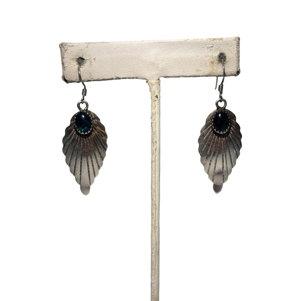 Vintage Sterling Silver Paua Shell Embossed Feather Leaf Pierced Dangle Earrings